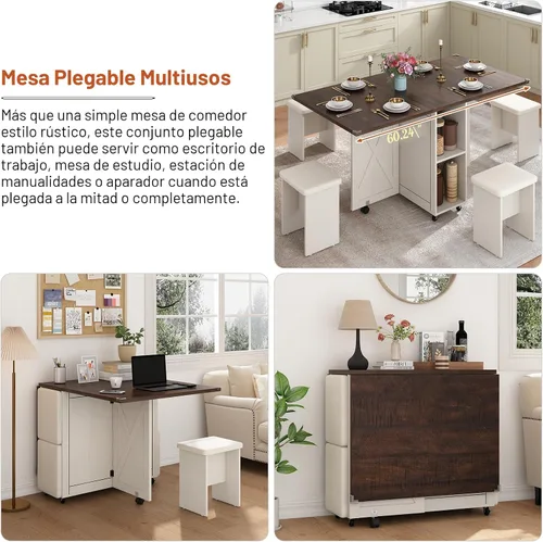 Vista 7 de Juego de mesa de comedor de granja de 5 piezas para 4, mesa plegable grande de 117 cm con 4 sillas de cuero, mesa de cocina plegable con ala