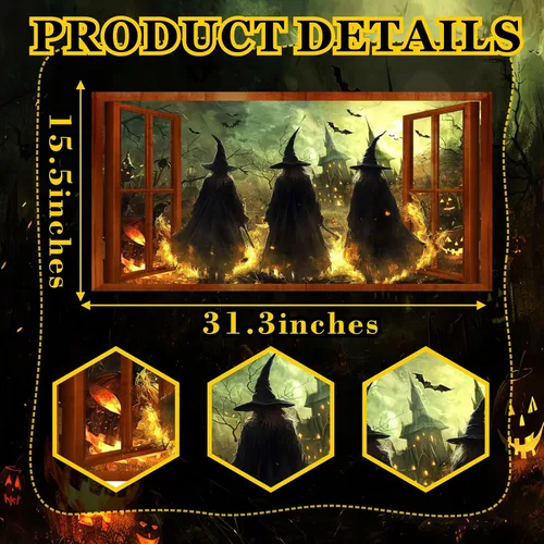 Vista 4 de Calcomanías de pared de bruja de Halloween 3D con escena de Halloween, calcomanías de pared falsas para ventana, mural grande, papel tapiz