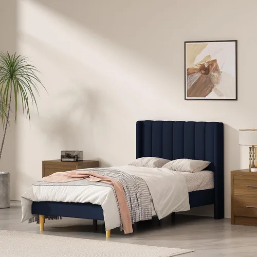 Vista 18 de Marco de cama tapizado de terciopelo individual con cabecera con respaldo de ala, color crema Cama de plataforma capitoné de canal vertical