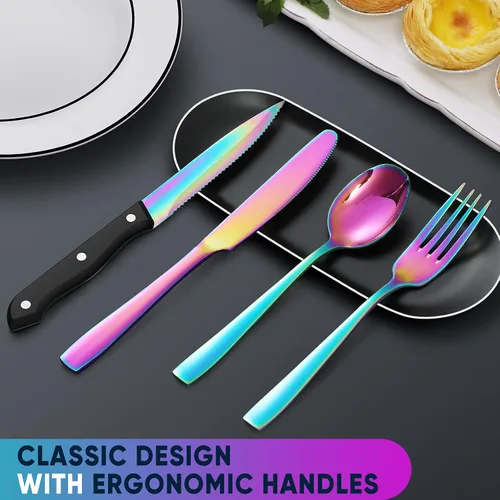 Vista 5 de Hiware Juego de cubiertos de 48 piezas de arcoíris con cuchillos de carne para 8, cubiertos de acero inoxidable para el hogar, cocina, restaurante