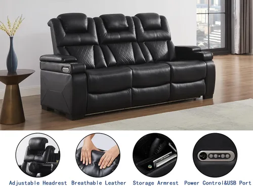 Vista 3 de THSUPER Sofá reclinable de cuero transpirable con luz LED de 7 colores, sillón reclinable para sala de estar con reposacabezas ajustable, luz