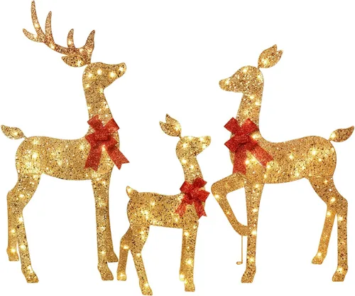 Vista 10 de 2 piezas de ciervos de Navidad grandes iluminados, decoración de patio de HOYECHI al aire libre, reno de ratán con 85 luces LED, estacas, lazos