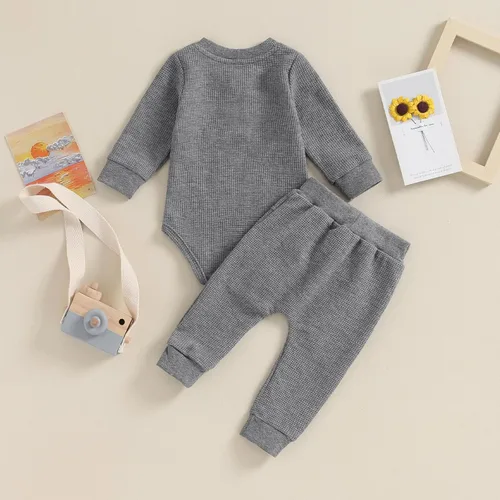 Vista 7 de Muasaaluxi Ropa para bebé recién nacido, manga larga, diseño de gofre, pantalones deportivos, trajes de otoño de 3, 6, 9, 12 meses