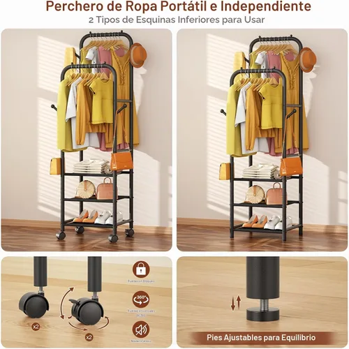 Vista 8 de Furologee - Percheros enrollables para colgar ropa, con dobles varillas, con ruedas, perchereros resistentes, perchero metálico portátil