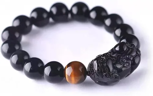 Vista 35 de Pulsera de obsidiana negra, pulsera de obsidiana negra Feng Shui para mujeres y hombres, pulsera elástica de obsidiana con piedra de ojo de tigre