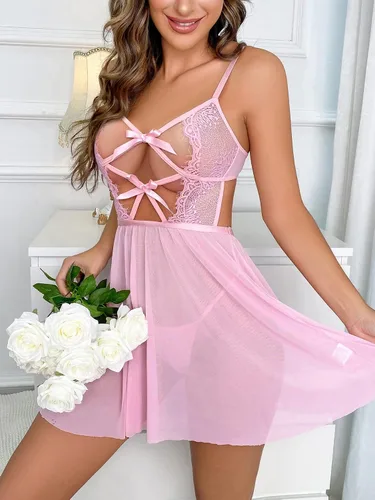 Vista 5 de WDIRARA Vestido de lencería de malla con lazo de encaje transparente para mujer con braga