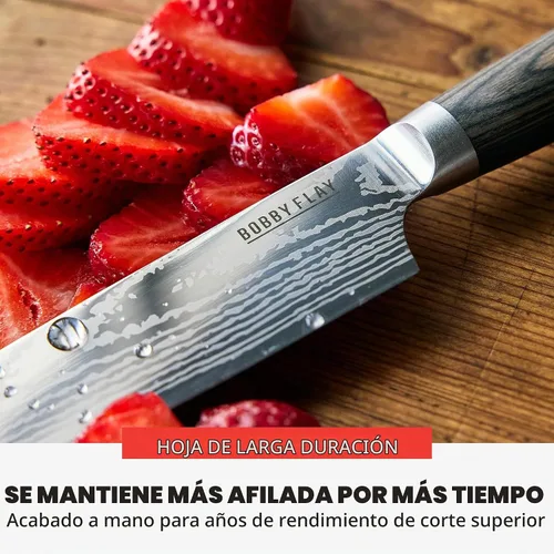 Vista 5 de GreenPan x Bobby Flay - Cuchillo de chef de 8 pulgadas con funda, hoja de acero inoxidable de alta calidad, herramienta de cocina de corte de Marrón