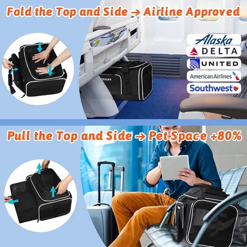 Vista 2 de Petskd Transportador de mascotas expandible superior y lateral de 17 x 11 x 9.5 pulgadas, aprobado por aerolíneas de Alaska, transportador de lados