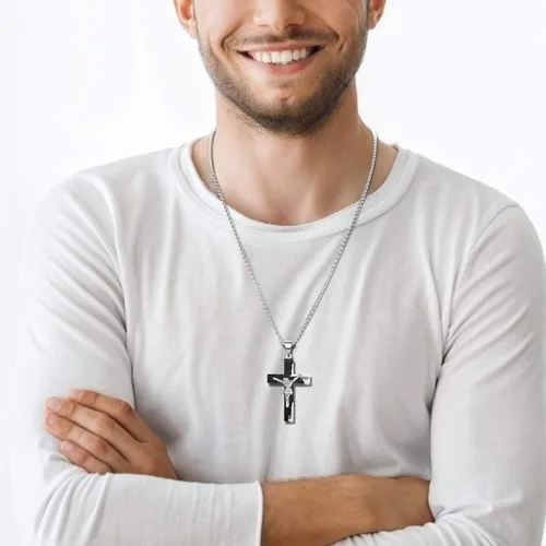 Vista 3 de YL Collar de cruz de acero inoxidable con colgante de crucifijo para hombre cadena Rolo de Jesucristo joyería de oración del Señor