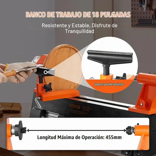 Vista 3 de VEVOR Torno de Madera de Sobremesa, 10 pulgadas x 18 pulgadas, 0.5 HP 370W Máquina de Torno para Madera, 5 Velocidades Variables