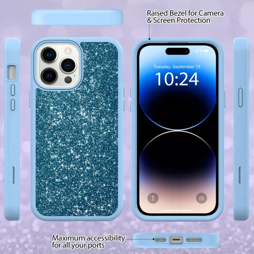 Vista 9 de Funda protectora completa con purpurina compatible con iPhone 14 Pro Max [protección militar contra caídas] híbrida resistente 3 en 1, resistente a
