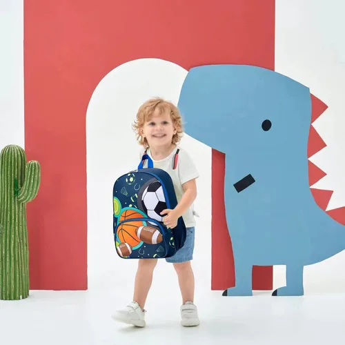 Vista 9 de BTOOP Mochila escolar para niños, mochila escolar para preescolar y jardín de infantes con unicornio con clip para el pecho, Sportball-azul marino