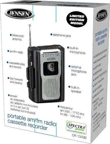Vista 8 de Jensen CR-100 - Radio AM/FM portátil retro, reproductor de cassette personal, diseño compacto y ligero, estéreo de radio AM/FM, reproductor