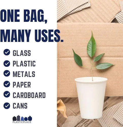 Vista 4 de Plasticplace Bolsas de reciclaje de 12-16 galones │ 1.2 mil │ Revestimientos para botes de basura azules con logotipo │ 24 x 31 pulgadas