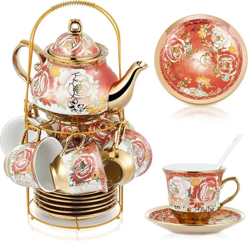 Vista 20 de Zhehao Juego de té de porcelana de 20 piezas con soporte de metal y cuchara para adultos, juego de té de cerámica para adultos, pintura de flores