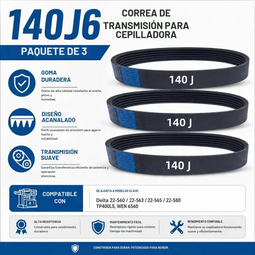 Vista 5 de Paquete de 3 correas de transmisión de cepilladora 140J6, compatible con modelos de cepilladora Delta 22-560, TP400LS, 22-565, 22-580, repuesto