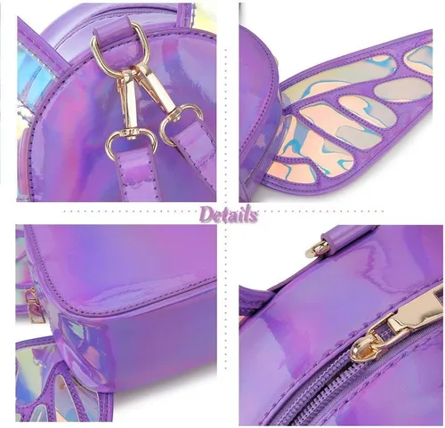 Vista 8 de Mochila holográfica láser para mujer, diseño de alas de ángel de mariposa, casual, mochila de hombro para niñas jóvenes, Morado, S, Mochilas Daypack