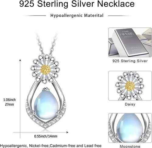 Vista 6 de Midir&Etain Collar de margaritas de plata de ley 925 con piedra lunar y lágrima, joyería floral de moda, regalos para mujeres y novias, Plata