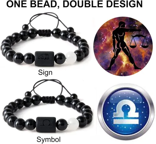 Vista 2 de Pulsera con signos del zodiaco para hombres y mujeres, 0.315in, piedra de ónice negra natural, constelación, horóscopo trenzado, pulseras de cuentas