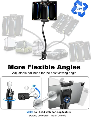 Vista 6 de Soporte para tablet para asiento de coche o camión, soporte largo de 19.7 pulgadas, brazo de cuello de cisne resistente para iPad Pro 12.9 Air Mini