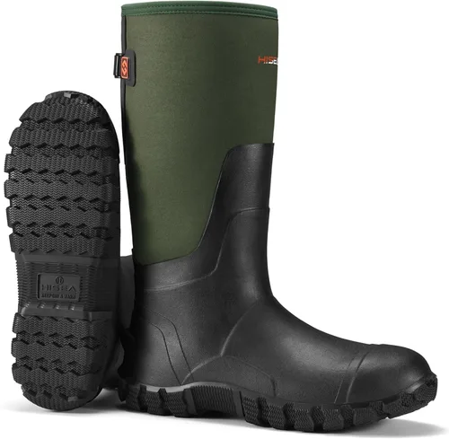 Vista 9 de HISEA Botas de lluvia mejoradas para hombre, botas de goma de neopreno aisladas impermeables con vástago de acero, botas de trabajo duraderas Negro