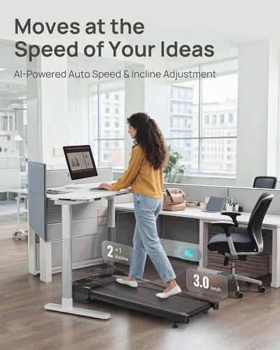Vista 8 de UREVO Auto Incline Walking Pad with AI App, Brushless Quiet Motorized Treadmill for Apartments, 9% Power Incline Standing Desk Treadmill, 12-Point
