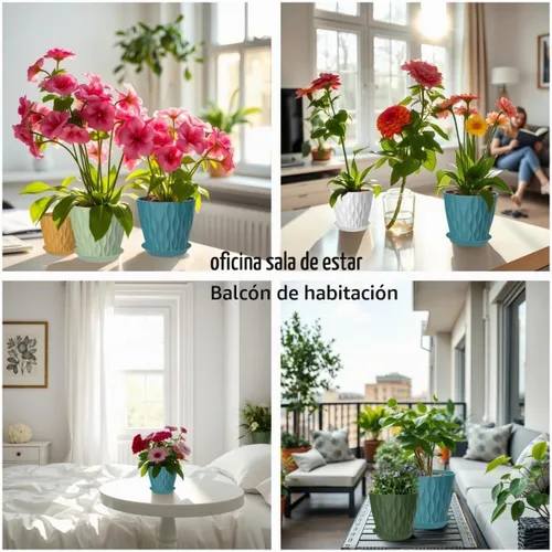 Vista 7 de Paquete de 6 macetas de 7 pulgadas con drenaje y platillos, macetas de plástico multicolor para plantas de interior y exterior, macetas apilables