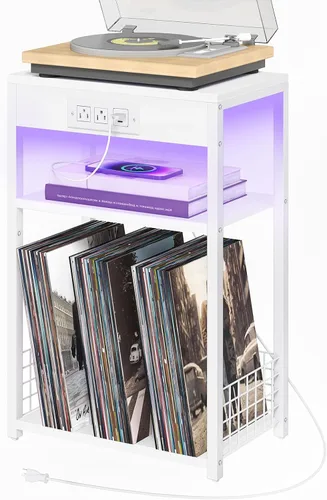 Vista 14 de Soporte para tocadiscos, mesa auxiliar de 3 niveles con almacenamiento de discos de vinilo, soporte para discos de vinilo de hasta 120 álbumes