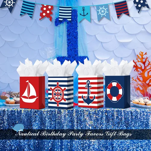 Vista 6 de Sepamoon Paquete de 16 bolsas de regalo náuticas, bolsas de papel para fiestas náuticas y papel de seda con asas, anclajes marinos, golosinas