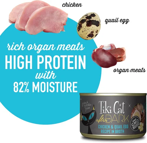 Vista 4 de Tiki Cat After Dark, huevo de pollo y codorniz, alto contenido en proteínas y 100% ingredientes no transgénicos, alimento húmedo para gatos adultos