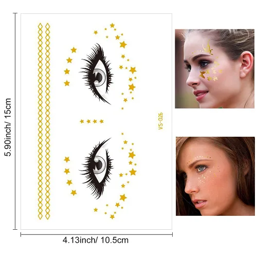 Vista 2 de 14 hojas de tatuajes temporales para la cara, calcomanías faciales de Rosymormor doradas metálicas de transferencia temporal con purpurina