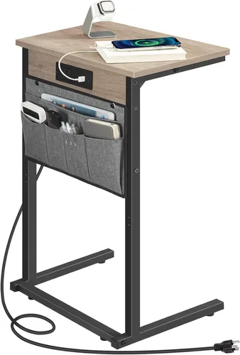 Vista 10 de HOOBRO Mesa auxiliar en forma de C con estación de carga, mesa de sofá de 28 pulgadas de alto para sofá y sillón reclinable para espacios pequeños