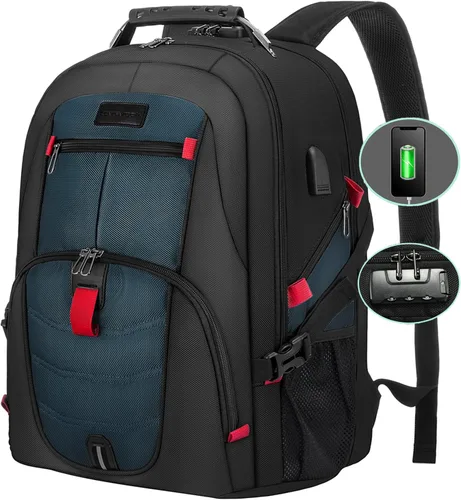 Vista 18 de Mochila grande de viaje y para laptop, es impermeable, antirrobo, con cerradura y puerto de carga USB, para negocios, hombres, mujeres, escuela