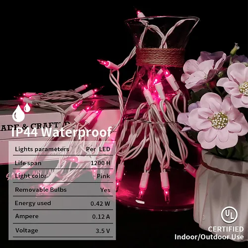 Vista 5 de MULTI-SPARKING Luces de Navidad Rosadas 35 Unidades - Luces Incandescentes Rosadas Mini en Cadena para Decoraciones de Navidad y Día de San Valentín