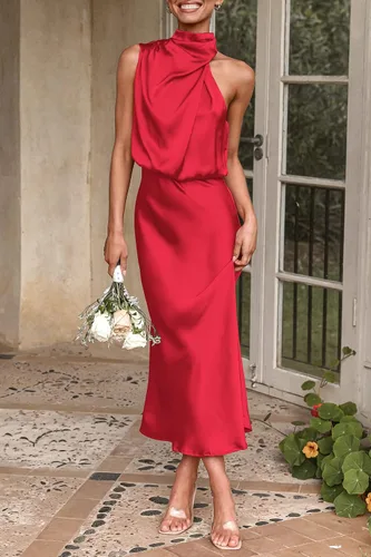 Vista 8 de PRETTYGARDEN Vestido de satén de verano 2023 para mujer, elegante, sin mangas, con cuello alto falso, para cóctel, fiesta, maxi vestidos