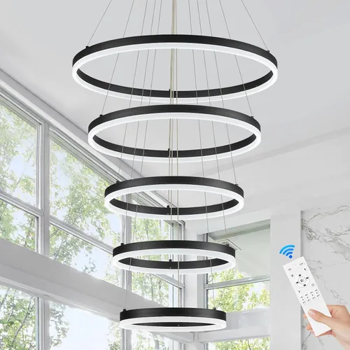 Vista 14 de Benkut Lámpara colgante LED moderna D24 pulgadas, color negro dorado, lámpara LED circular regulable, 1 anillo con control remoto, luz colgante