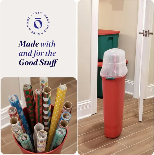 Vista 6 de HOMZ Paquete de 2 organizadores verticales de plástico para envolver regalos, color rojo y transparente, contenedores de papel para regalos