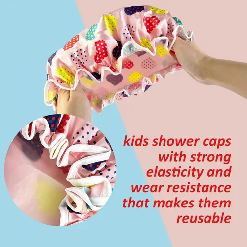 Vista 4 de Gorro de ducha para niños, paquete de 3 gorros de ducha grandes, reutilizables, de doble capa, impermeables, de plástico lavable, gorro de ducha