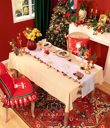 Vista 3 de Camino de mesa de copo de nieve rosa rubor, lino de algodón, bufandas de tocador de vacaciones de 36 pulgadas, diseño romántico de feliz Navidad
