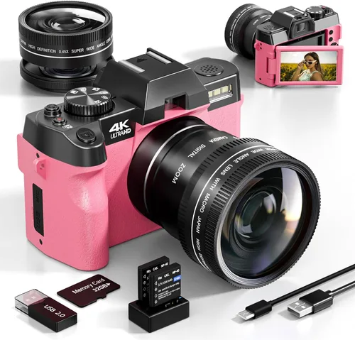 Vista 8 de Cámara digital 5K para fotografía, cámara de vlogging WiFi de 64MP con doble lente y pantalla abatible de 180°, zoom 16X, kit de cámara de apuntar