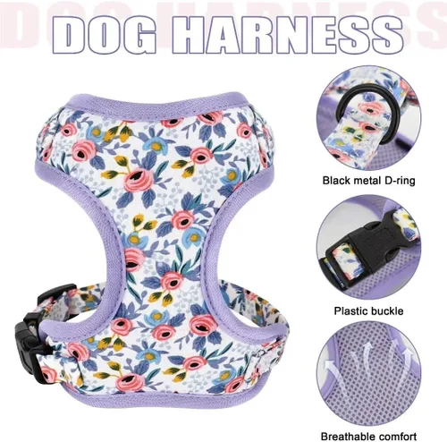 Vista 2 de Beirui Lindo juego de collares, arneses y correas para perro hembra, juego de collar y correa ajustable con flor - Arnés de malla suave para Azul