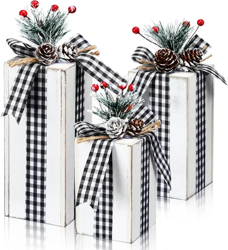 Vista 8 de 3 piezas de caja de regalos de madera de Navidad, decoración de centros de mesa de regalos a cuadros navideños, decoración de bandeja escalonada