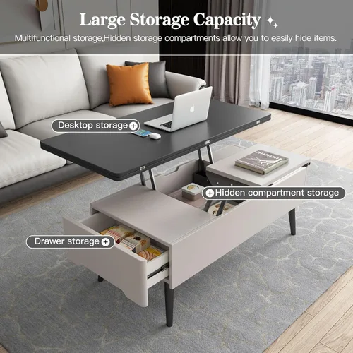 Vista 4 de Guyii Mesa auxiliar elevable con compartimento de almacenamiento oculto, mesa central multifunción 3 en 1, mesa de centro moderna elevable, mesa