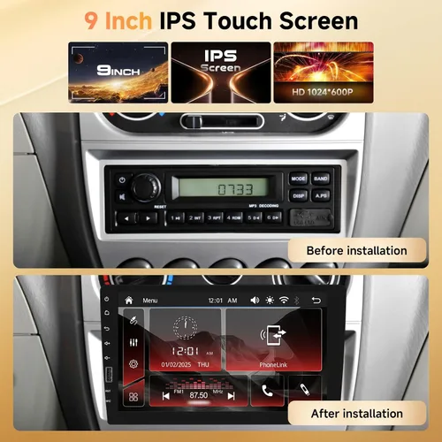 Vista 2 de Carplay inalámbrico de 9 pulgadas estéreo para automóvil con Android Auto, METEESER Bluetooth IPS pantalla táctil receptor de audio para auto