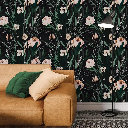 Vista 2 de VaryPaper Papel tapiz floral negro, verde y rosa, de 17.7 x 118 pulgadas, papel tapiz autoadhesivo de vinilo, papel de contacto floral decorativo