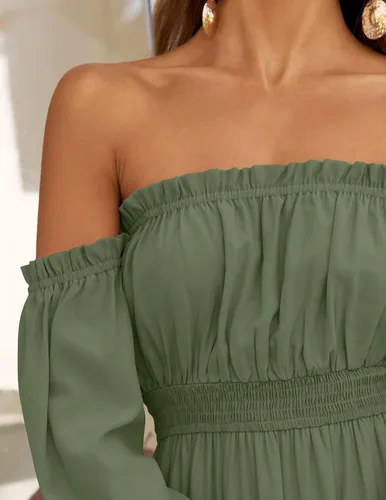 Vista 77 de ZESICA - Vestido largo, bohemio y sexy, con hombros descubiertos y manga larga fruncida, con elástico fruncido, cintura alta y abertura lateral