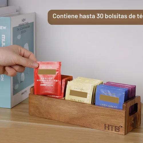 Vista 5 de HTB Caja de té pequeña de madera de acacia con 3 compartimentos para cajón de mostrador Tea Bag Chest with Handle, Mini Countertop Divided Storage