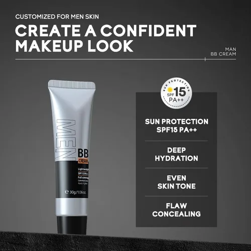 Vista 8 de AKARY Crema BB Hidratante para Hombres SPF 15 PA++, Base y Corrector de Cobertura Completa, Crema Hidratante Facial para Hombre Unifica el Tono
