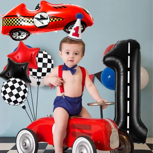 Vista 5 de Decoraciones de cumpleaños de carreras de 1 año, globos rojos grandes de coche de carreras de 40 pulgadas, globo negro número 1, globo a cuadros
