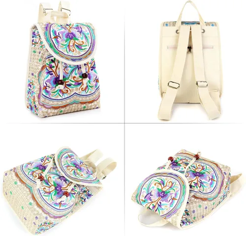 Vista 5 de Goodhan Vintage bordado mujeres mochila étnica viaje bolso hombro beige, Púrpura, Mochilas Daypack